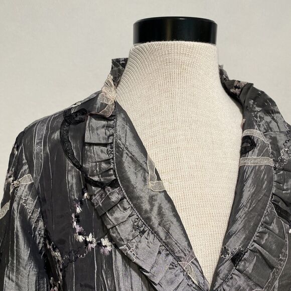 Unique Agora Crinkle Ribbon Detailed Artsy Graphite Evening Jacket Women's Large - Picture 3 of 11